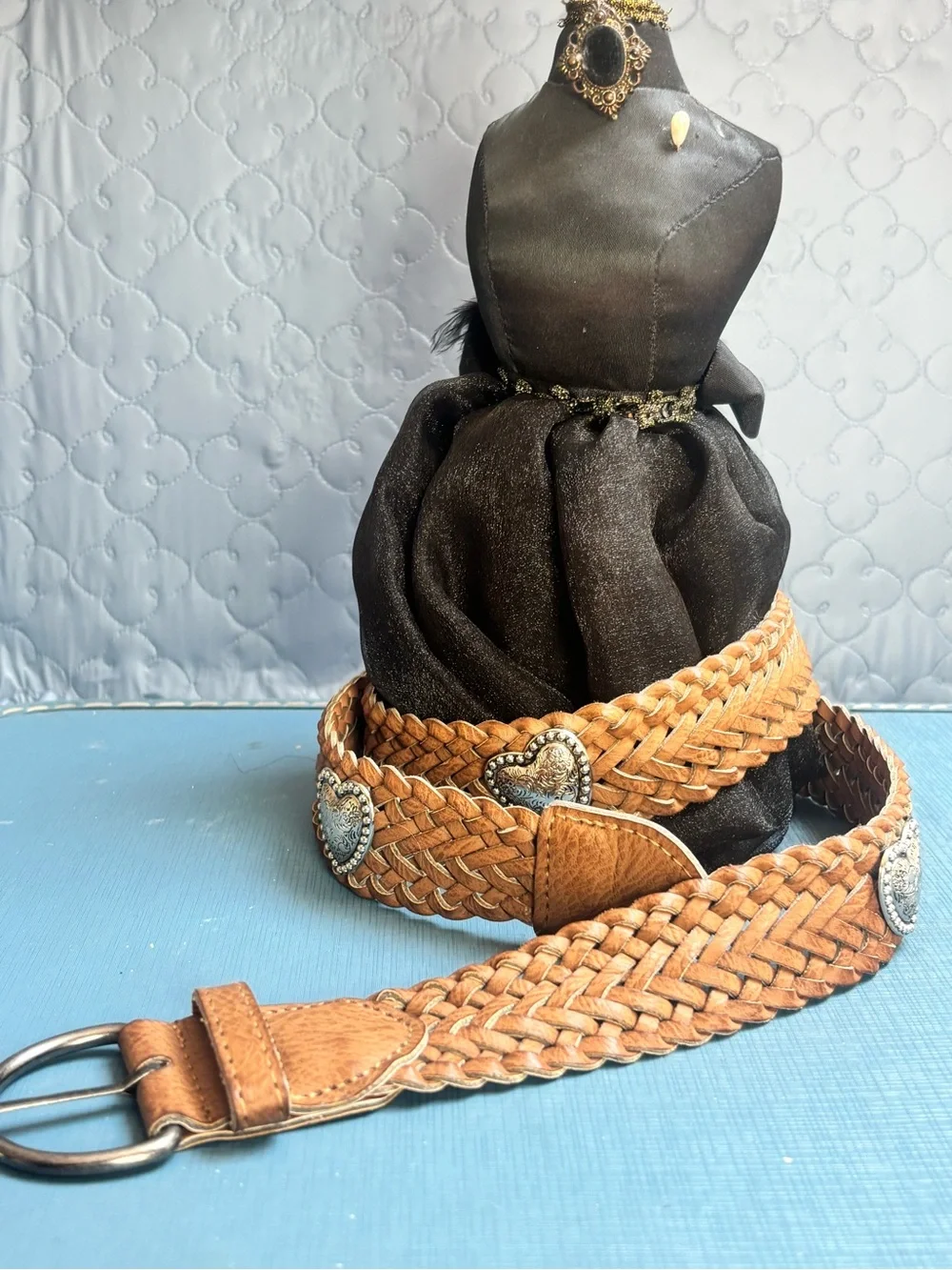 Brown Leather Weaved Southwestern Cowgirl Belt L With Silver Toned